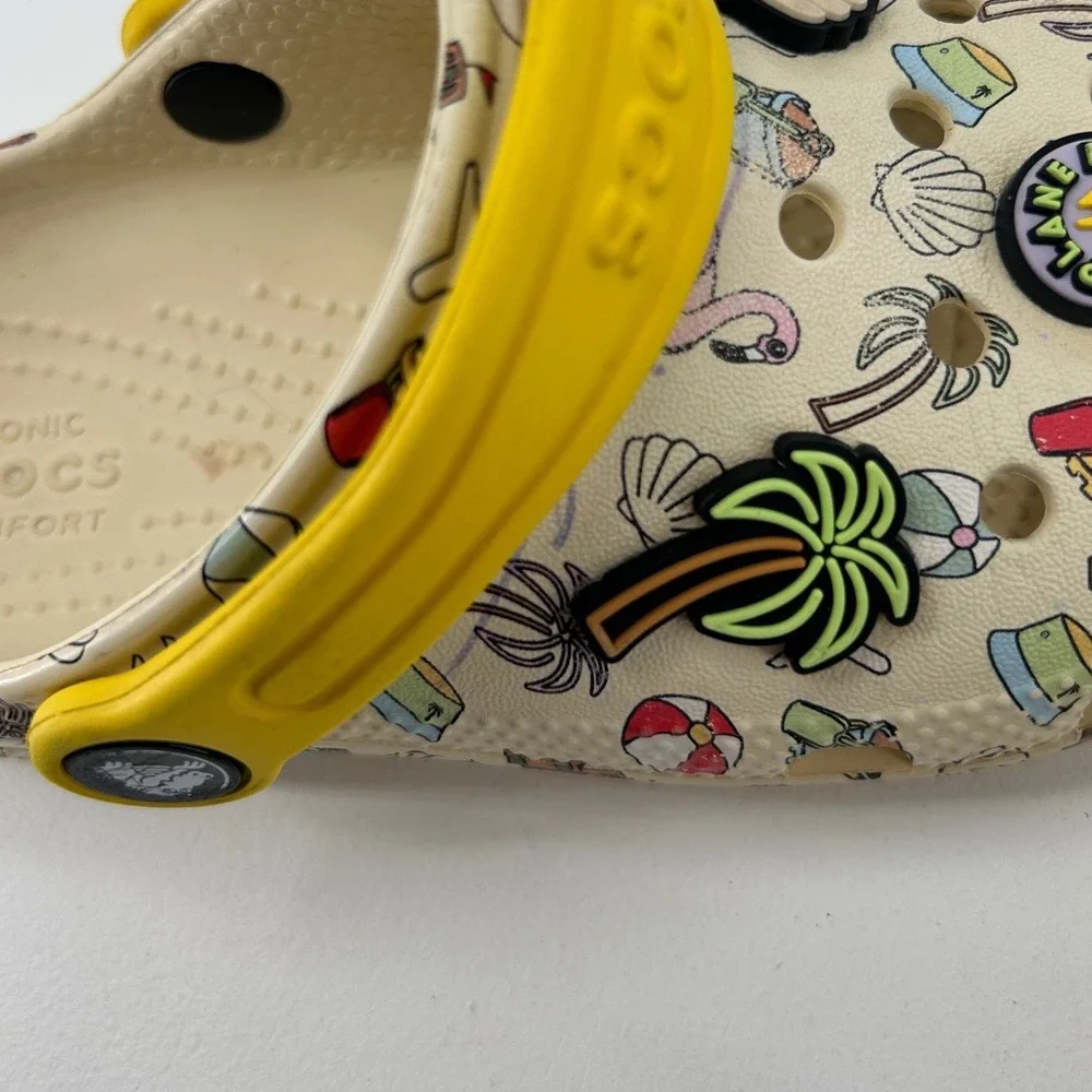 Crocs Kids Classic Clog Beach Vacation Print Yellow Strap Jibbitz Size C12